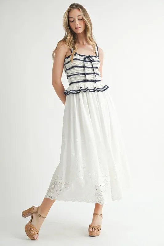 MABLE Crochet Stripe Knit Eyelet Mix Midi Dress - Blu Lotus Boutique