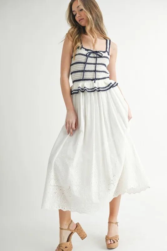MABLE Crochet Stripe Knit Eyelet Mix Midi Dress - Blu Lotus Boutique
