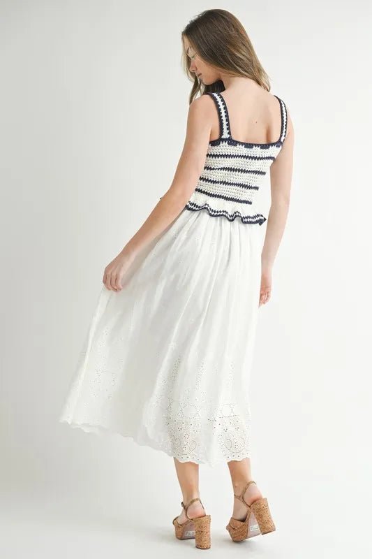 MABLE Crochet Stripe Knit Eyelet Mix Midi Dress - Blu Lotus Boutique