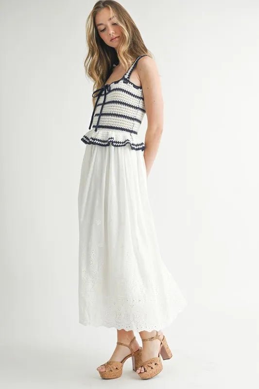 MABLE Crochet Stripe Knit Eyelet Mix Midi Dress - Blu Lotus Boutique