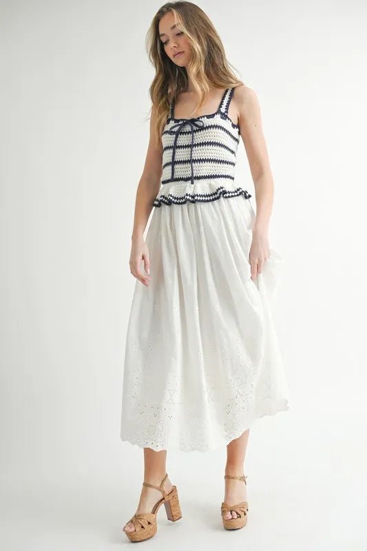 MABLE Crochet Stripe Knit Eyelet Mix Midi Dress - Blu Lotus Boutique