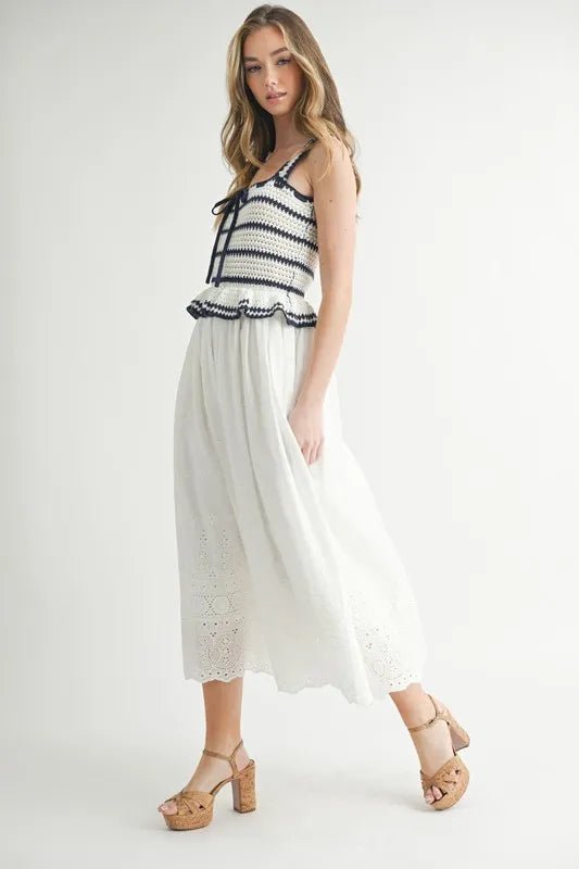 MABLE Crochet Stripe Knit Eyelet Mix Midi Dress - Blu Lotus Boutique