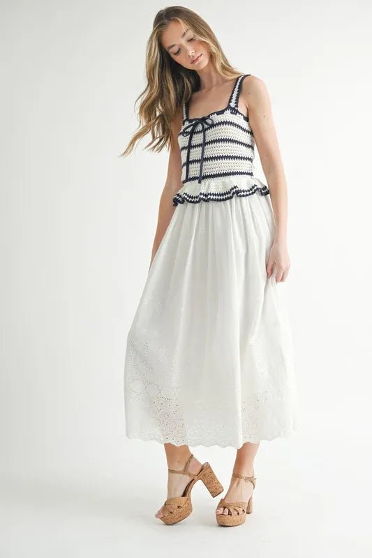 MABLE Crochet Stripe Knit Eyelet Mix Midi Dress - Blu Lotus Boutique