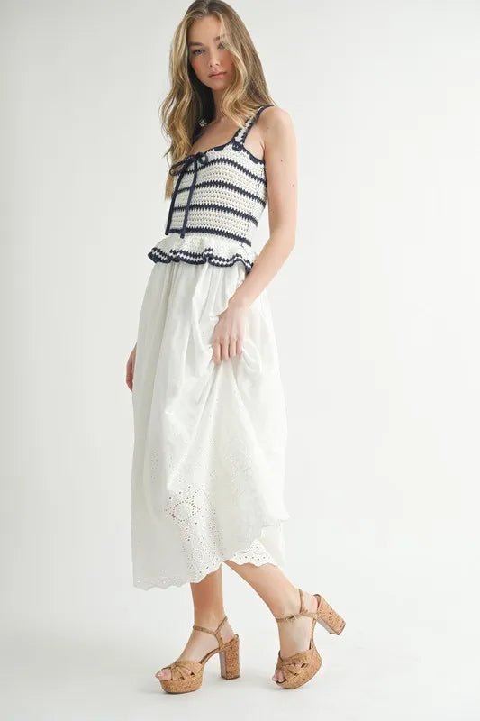 MABLE Crochet Stripe Knit Eyelet Mix Midi Dress - Blu Lotus Boutique