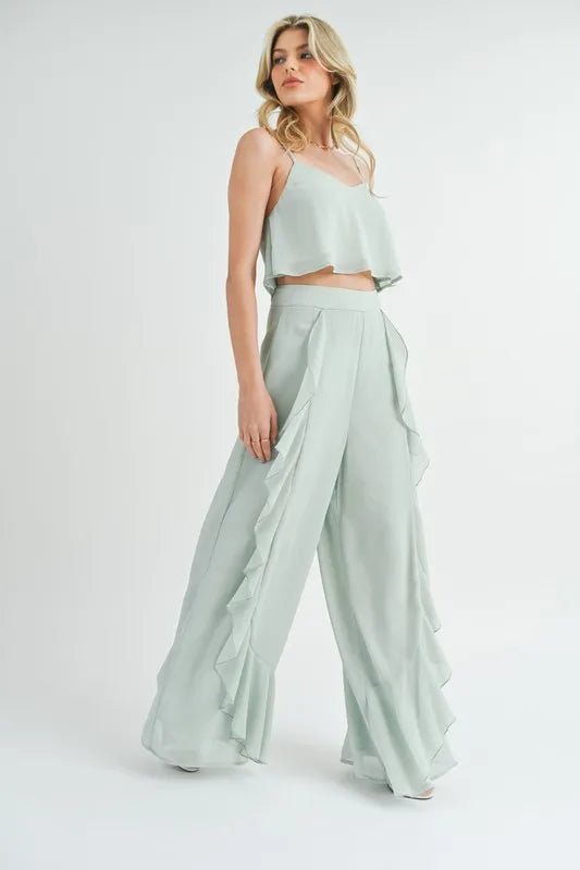 MABLE Crop Cami and Ruffled Wide Leg Pants Set - Blu Lotus Boutique