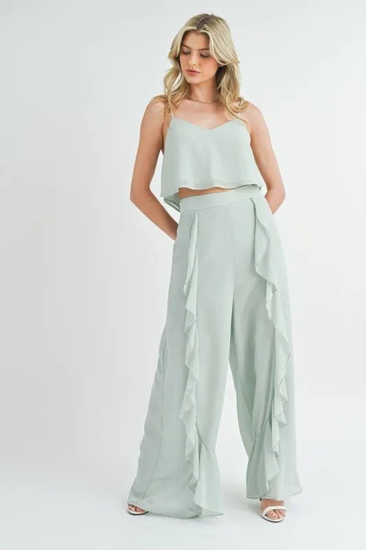 MABLE Crop Cami and Ruffled Wide Leg Pants Set - Blu Lotus Boutique