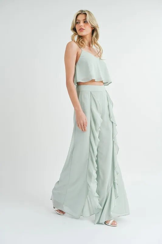 MABLE Crop Cami and Ruffled Wide Leg Pants Set - Blu Lotus Boutique