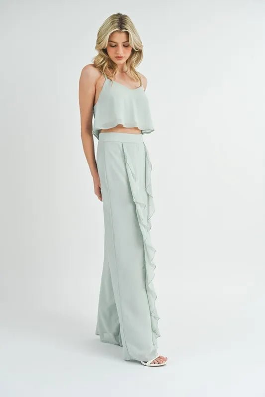 MABLE Crop Cami and Ruffled Wide Leg Pants Set - Blu Lotus Boutique