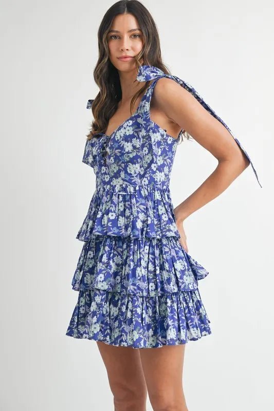 MABLE Floral Print Shoulder Tie Layered Mini Dress - Blu Lotus Boutique