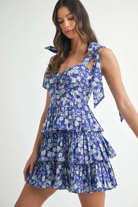 MABLE Floral Print Shoulder Tie Layered Mini Dress - Blu Lotus Boutique