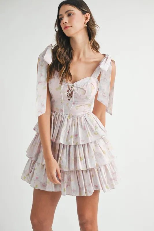 MABLE Floral Print Shoulder Tie Layered Mini Dress - Blu Lotus Boutique