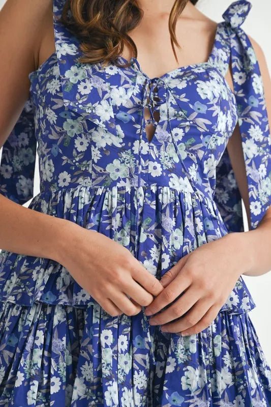 MABLE Floral Print Shoulder Tie Layered Mini Dress - Blu Lotus Boutique