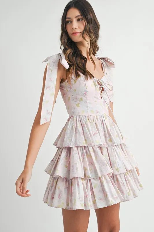 MABLE Floral Print Shoulder Tie Layered Mini Dress - Blu Lotus Boutique