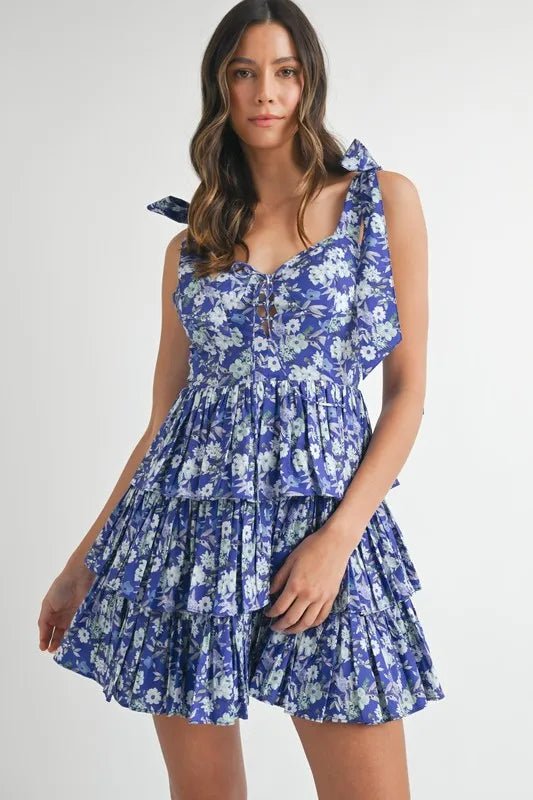 MABLE Floral Print Shoulder Tie Layered Mini Dress - Blu Lotus Boutique
