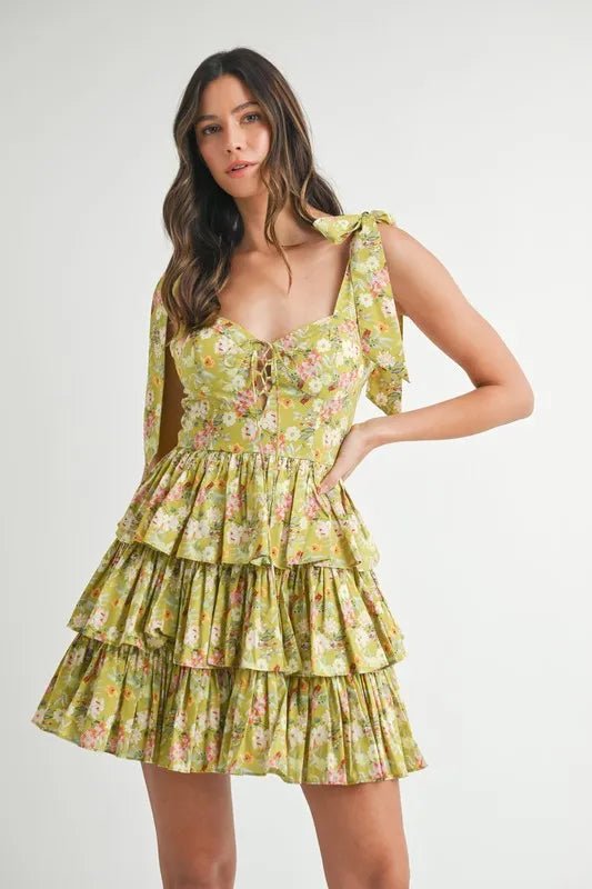 MABLE Floral Print Shoulder Tie Layered Mini Dress - Blu Lotus Boutique