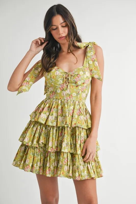 MABLE Floral Print Shoulder Tie Layered Mini Dress - Blu Lotus Boutique