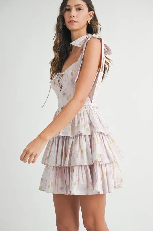 MABLE Floral Print Shoulder Tie Layered Mini Dress - Blu Lotus Boutique