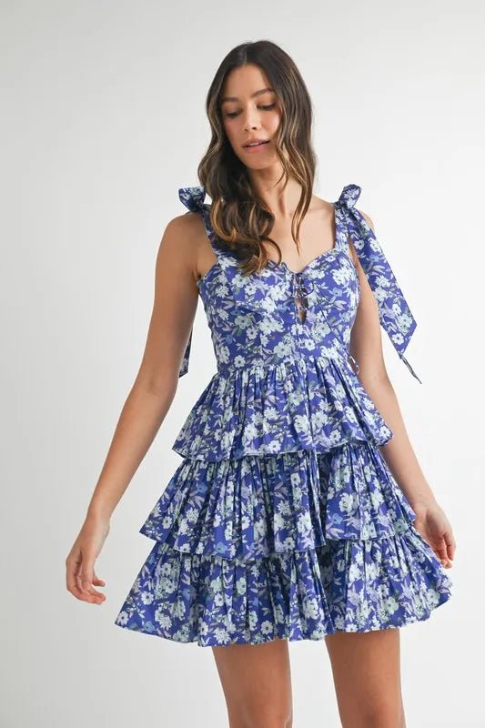 MABLE Floral Print Shoulder Tie Layered Mini Dress - Blu Lotus Boutique