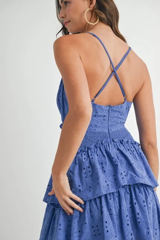MABLE Lace Eyelet Ruffle Mini Dress With Front Cutout - Blu Lotus Boutique