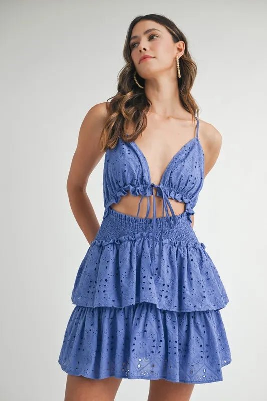 MABLE Lace Eyelet Ruffle Mini Dress With Front Cutout - Blu Lotus Boutique