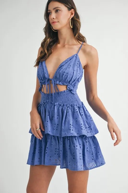 MABLE Lace Eyelet Ruffle Mini Dress With Front Cutout - Blu Lotus Boutique