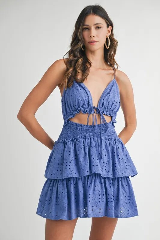 MABLE Lace Eyelet Ruffle Mini Dress With Front Cutout - Blu Lotus Boutique
