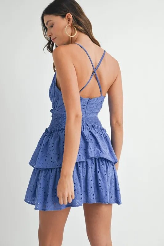 MABLE Lace Eyelet Ruffle Mini Dress With Front Cutout - Blu Lotus Boutique