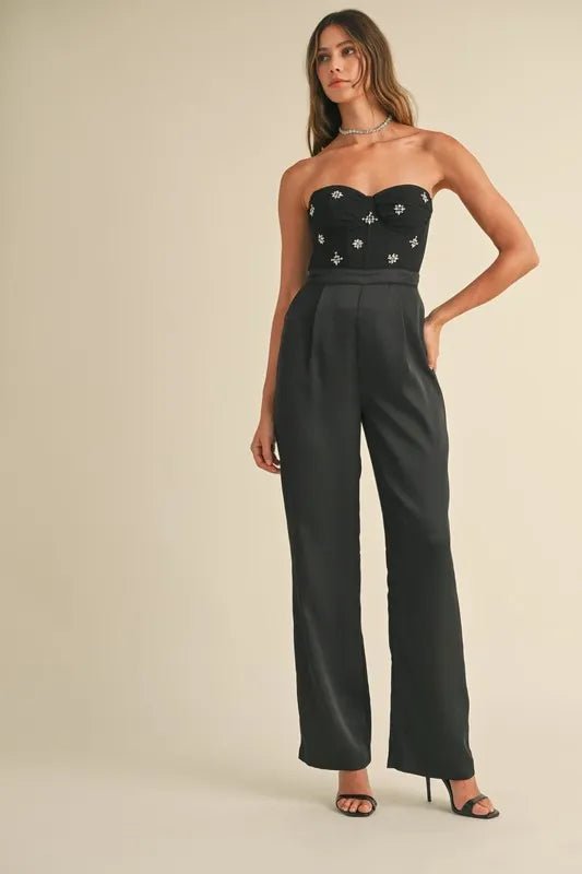 MABLE Rhinestone Applique Bustier Jumpsuit - Blu Lotus Boutique
