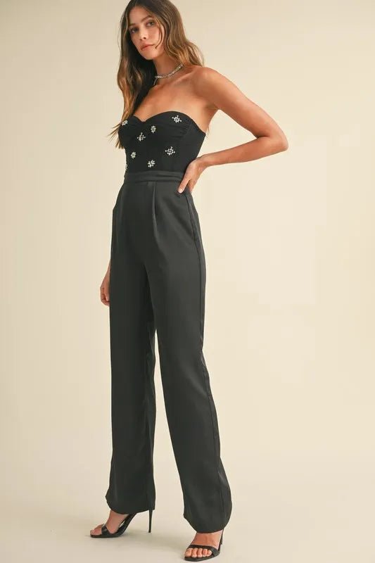 MABLE Rhinestone Applique Bustier Jumpsuit - Blu Lotus Boutique