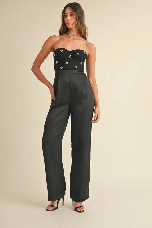 MABLE Rhinestone Applique Bustier Jumpsuit - Blu Lotus Boutique