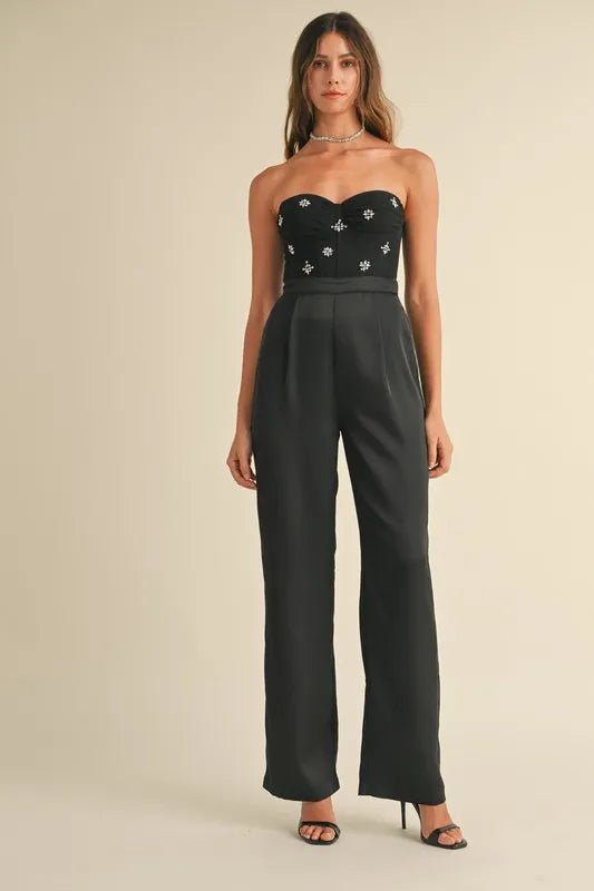 MABLE Rhinestone Applique Bustier Jumpsuit - Blu Lotus Boutique
