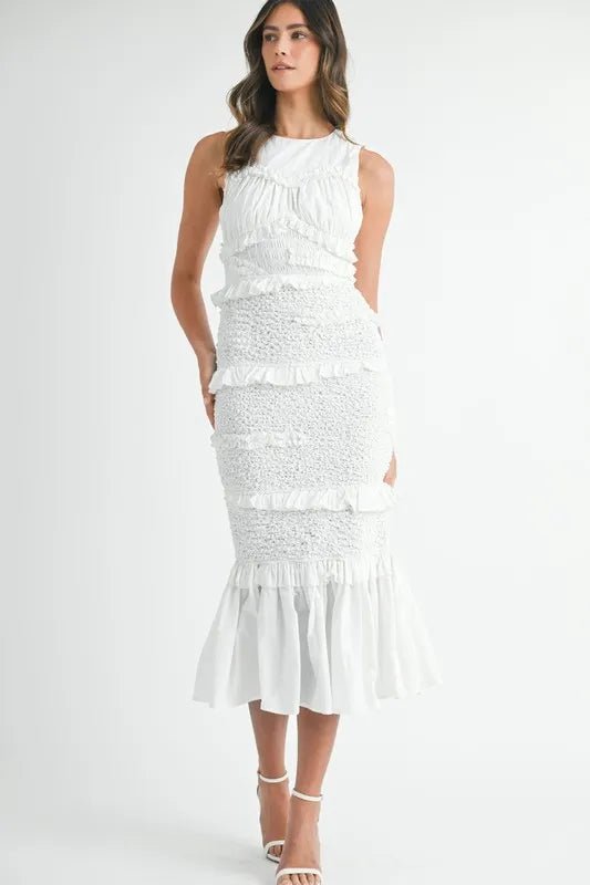 MABLE Ruffled Popcorn Smocked Mermaid Midi Dress - Blu Lotus Boutique