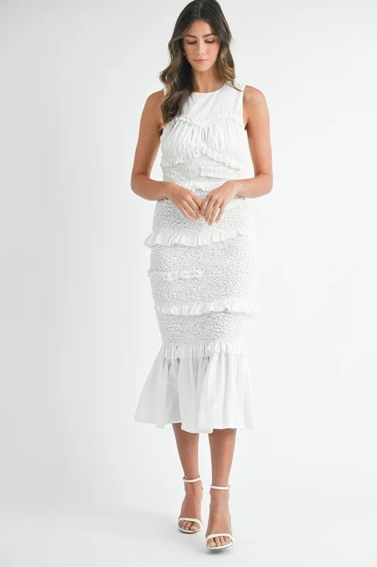 MABLE Ruffled Popcorn Smocked Mermaid Midi Dress - Blu Lotus Boutique