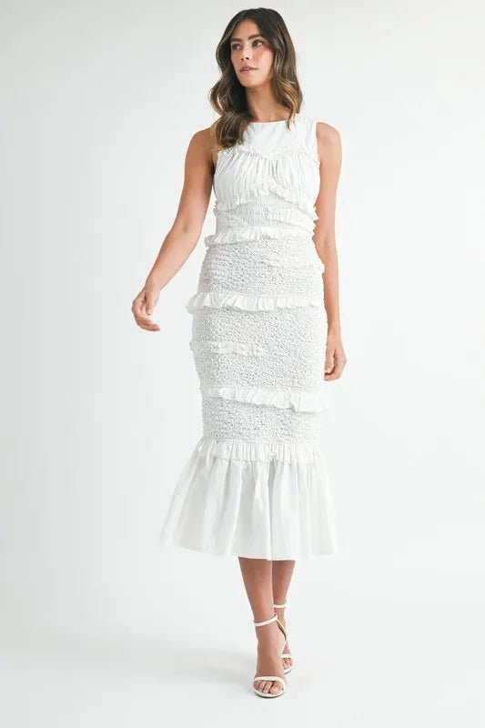 MABLE Ruffled Popcorn Smocked Mermaid Midi Dress - Blu Lotus Boutique