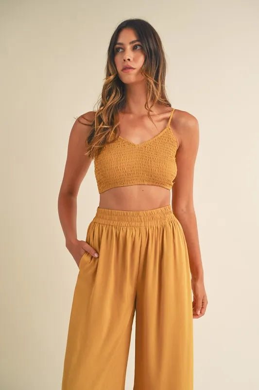 MABLE Smocked Bralette Crop Top and Wide Leg Pants Set - Blu Lotus Boutique