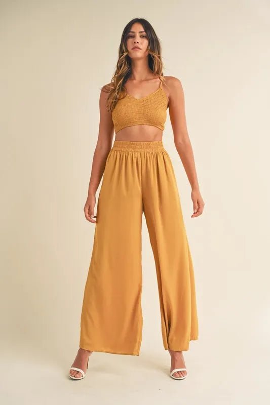 MABLE Smocked Bralette Crop Top and Wide Leg Pants Set - Blu Lotus Boutique