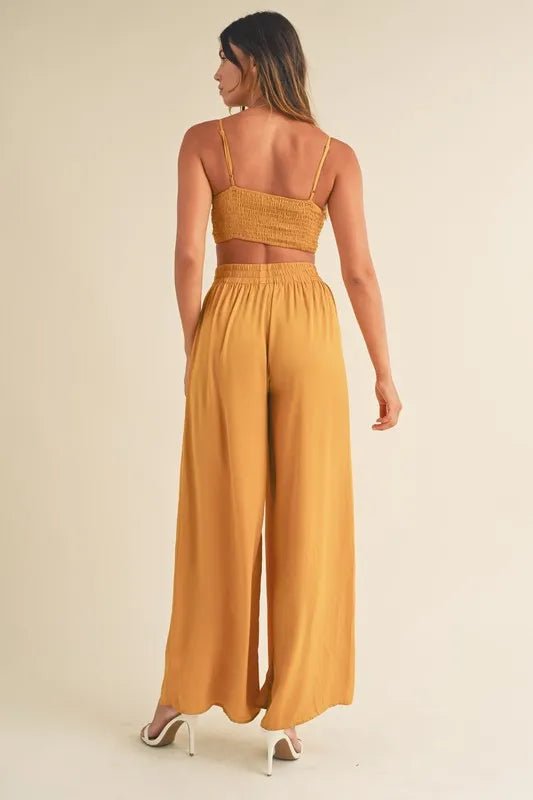 MABLE Smocked Bralette Crop Top and Wide Leg Pants Set - Blu Lotus Boutique