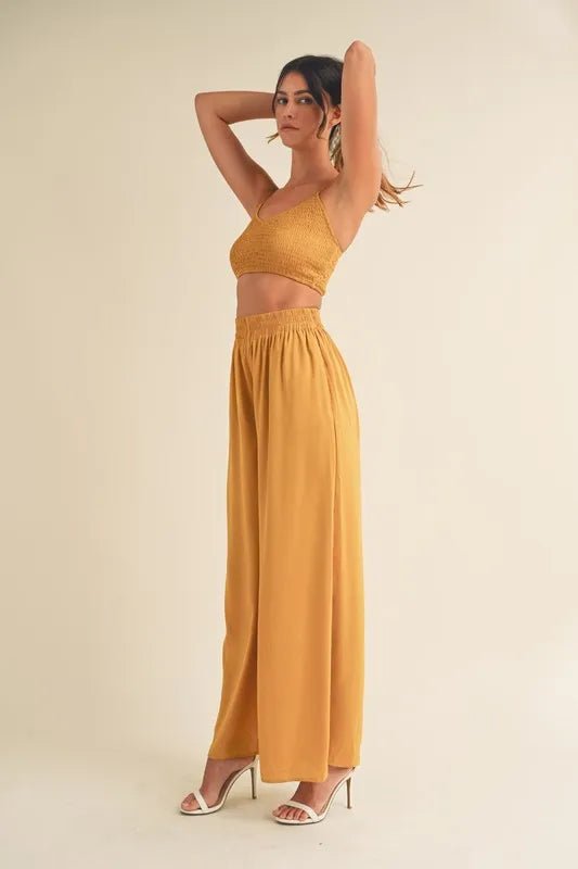 MABLE Smocked Bralette Crop Top and Wide Leg Pants Set - Blu Lotus Boutique