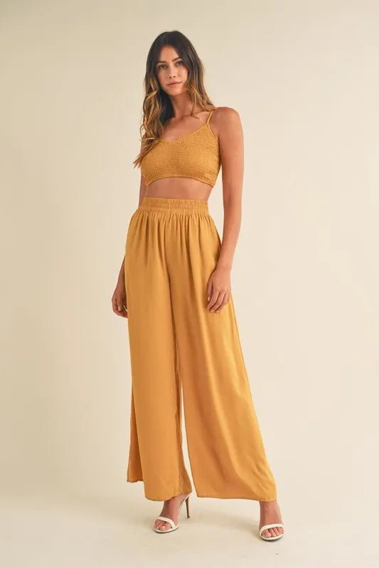 MABLE Smocked Bralette Crop Top and Wide Leg Pants Set - Blu Lotus Boutique