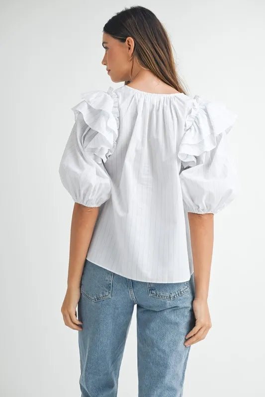 MABLE Stripe Ruffle Shoulder Puff Sleeve Blouse - Blu Lotus Boutique