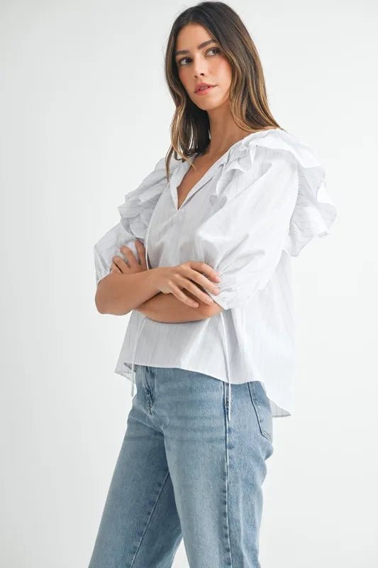 MABLE Stripe Ruffle Shoulder Puff Sleeve Blouse - Blu Lotus Boutique