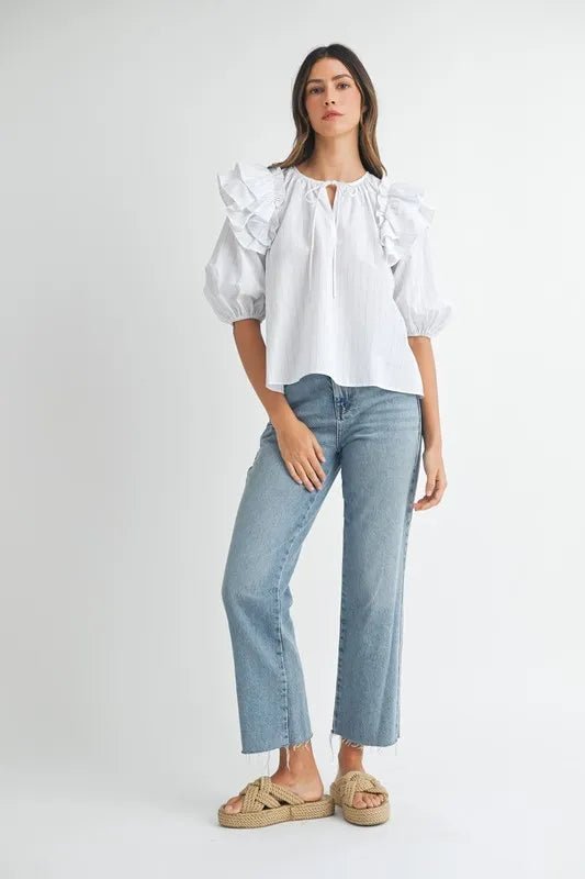 MABLE Stripe Ruffle Shoulder Puff Sleeve Blouse - Blu Lotus Boutique
