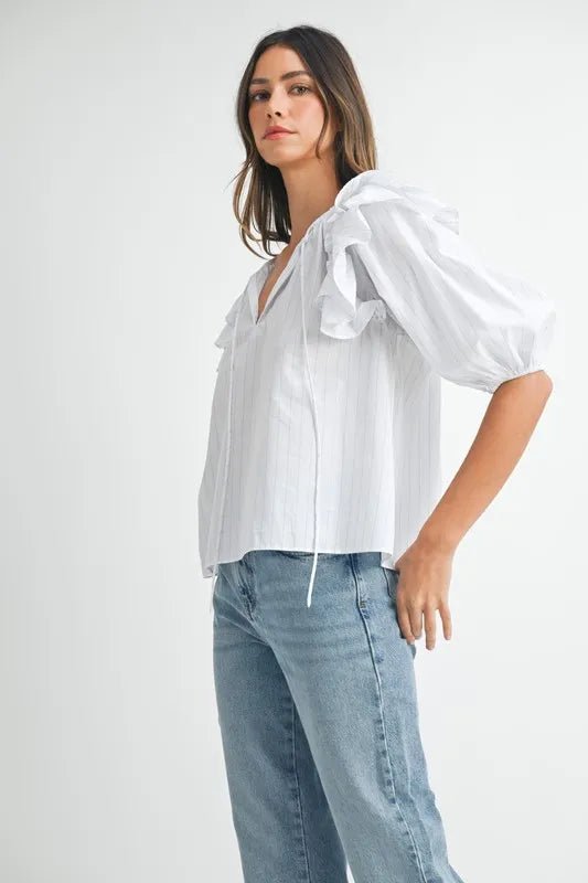 MABLE Stripe Ruffle Shoulder Puff Sleeve Blouse - Blu Lotus Boutique