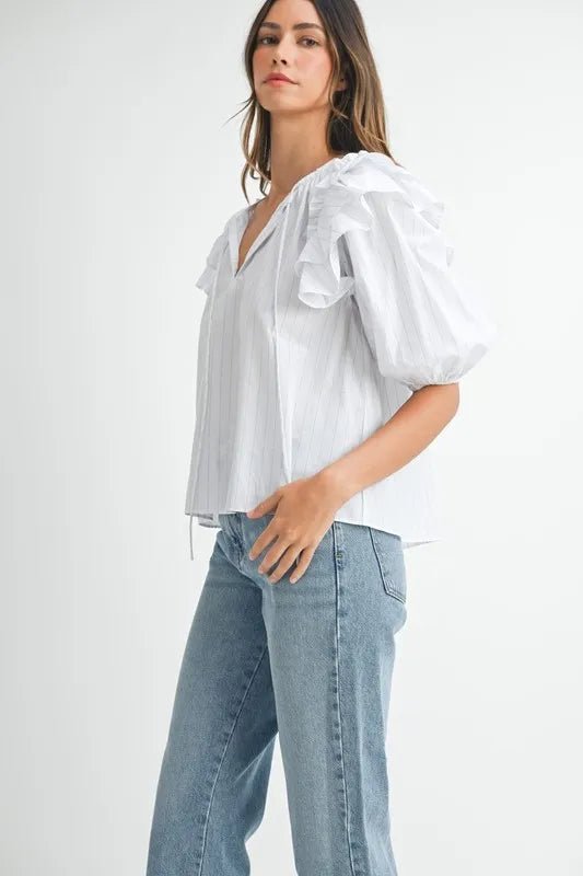 MABLE Stripe Ruffle Shoulder Puff Sleeve Blouse - Blu Lotus Boutique