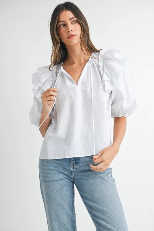 MABLE Stripe Ruffle Shoulder Puff Sleeve Blouse - Blu Lotus Boutique