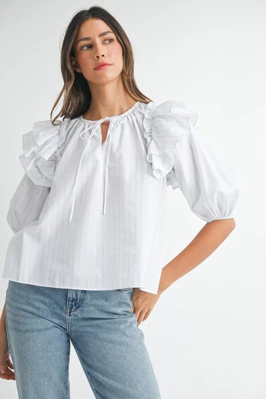 MABLE Stripe Ruffle Shoulder Puff Sleeve Blouse - Blu Lotus Boutique