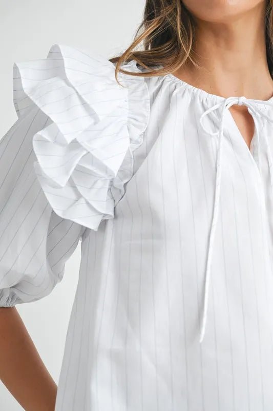 MABLE Stripe Ruffle Shoulder Puff Sleeve Blouse - Blu Lotus Boutique