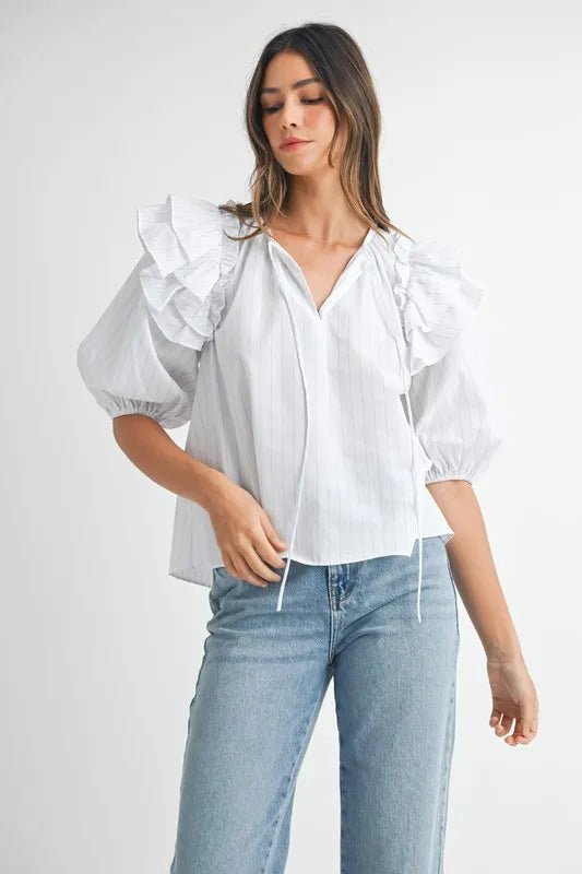 MABLE Stripe Ruffle Shoulder Puff Sleeve Blouse - Blu Lotus Boutique