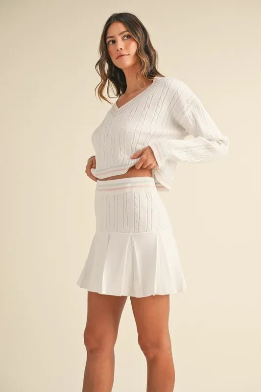 MABLE V - Neck Varsity Crop Knit Sweater and Skirt Set - Blu Lotus Boutique