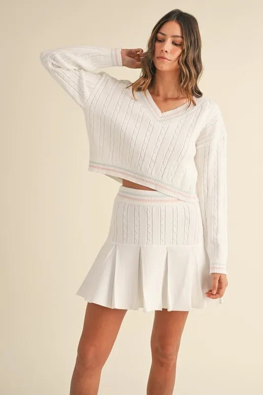 MABLE V - Neck Varsity Crop Knit Sweater and Skirt Set - Blu Lotus Boutique
